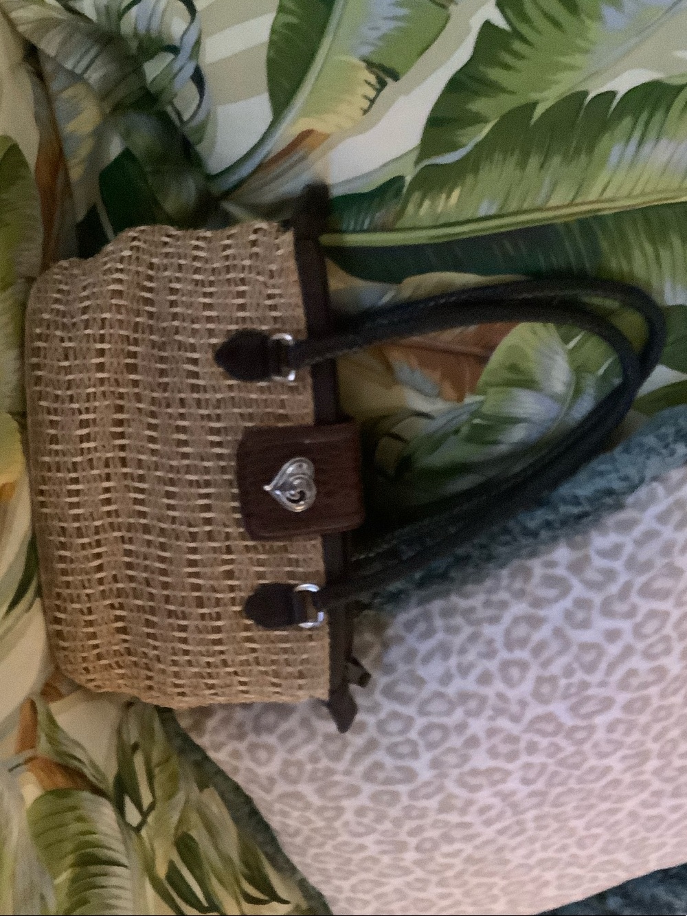 Brighton Woven Straw Tote Bag with Dark Brown Trim and braided straps